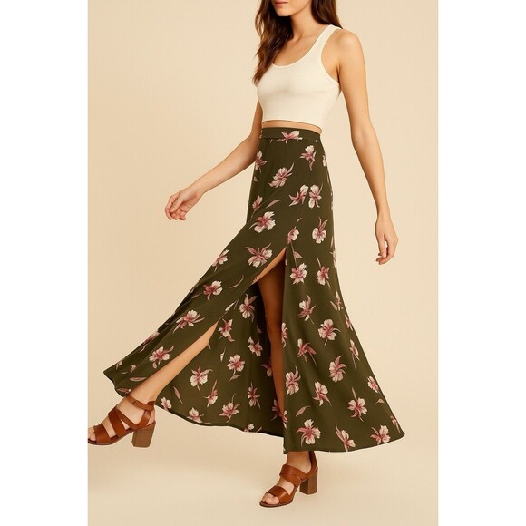 Boho Floral Satin Maxi Skirt Army Green Pink Orchid Print 2 Side Slits Women’s S - Picture 1 of 10